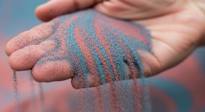 Hands gently sifting through colorful sand art for remembrance and reflection in soft natural light