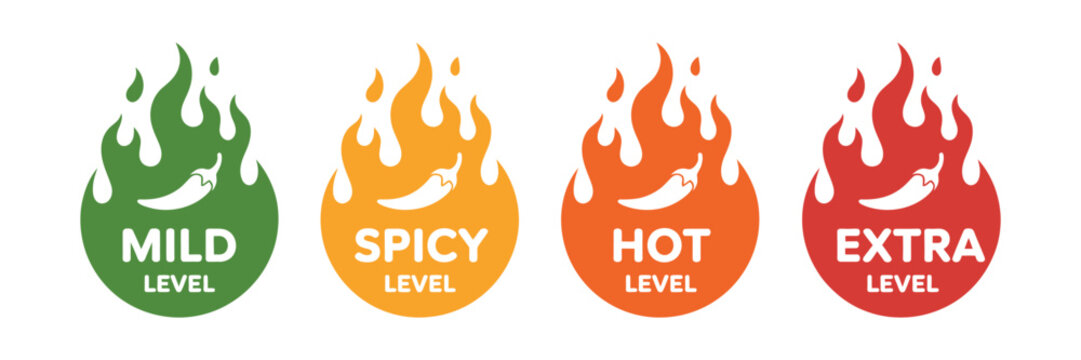 Chili pepper icon set with heat level flame indicators, mild to extra hot spicy labels, colorful food rating symbols