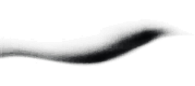 A black halftone dot pattern creates a dynamic, sweeping wave shape or abstract brush stroke.
