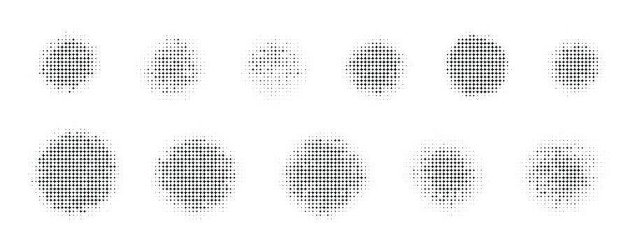 A collection of halftone dot patterns creates abstract oval and irregular shapes.