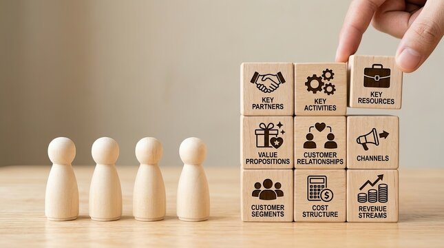 Hand completes a business model using wooden blocks and peg dolls on a desk