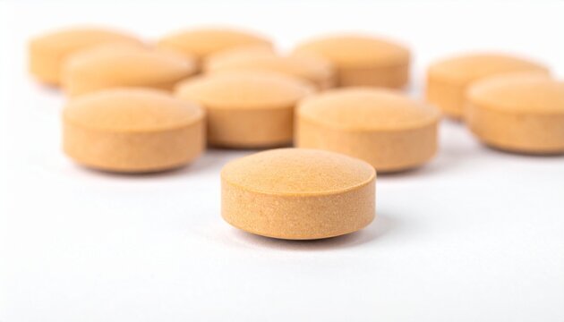 Round orange pharmaceutical tablets with beveled edges, smooth surface, grouped on clean white background.