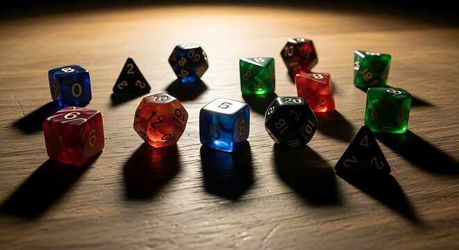 Colorful translucent polyhedral dice on table.
