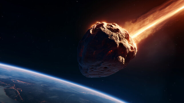 Massive asteroid entering Earth orbit with fiery trail, cinematic space disaster scene with rugged rock surface, glowing impact heat, planetary horizon and dramatic sci fi astronom