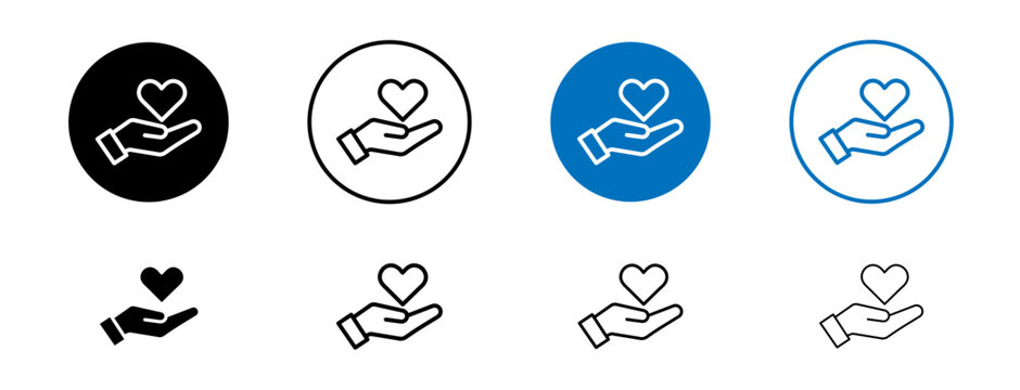 Heart in hand icons set in black and blue colors on white background