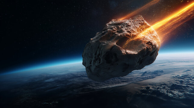 Massive asteroid entering Earth orbit with fiery trail, cinematic space disaster scene with rugged rock surface, glowing impact heat, planetary horizon and dramatic sci fi astronom