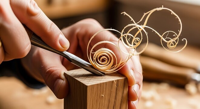 Hands carving wood with a chisel.