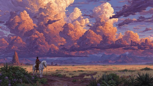 Person astride white horse observes dramatic sunset over vast arid landscape with towering cumulonimbus clouds