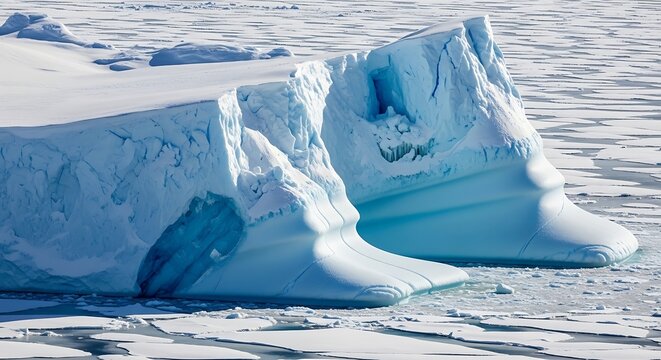Iceberg floating in cold ocean water.