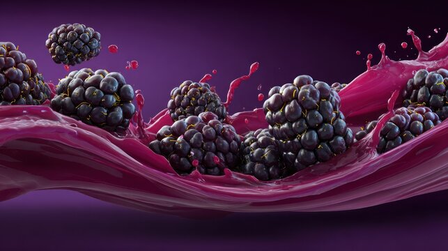Dark purple berries immerse within a thick wave of flowing liquid