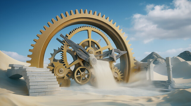 Huge clock gears in a desert with water flowing and sandy hills in the background during bright daylight