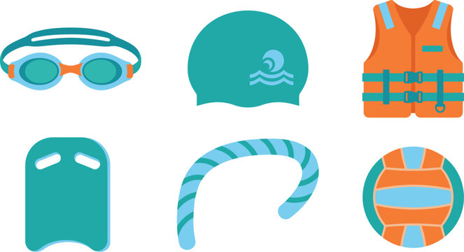 Six Swimming and Pool Safety Icons in Sky Blue Teal and Safety Orange Flat Vector Pack Featuring Swimming Goggles Swim Cap Life Jacket Kickboard Pool Noodle and Water Polo Ball for Aquatic Activity 