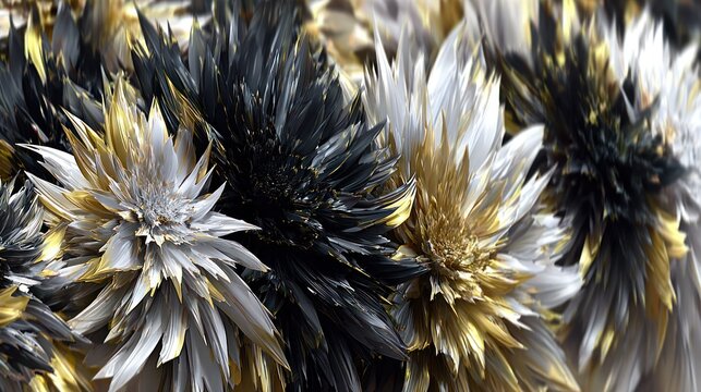 Abstract arrangement features sharp, textured formations in contrasting shades of black, gold, and white.