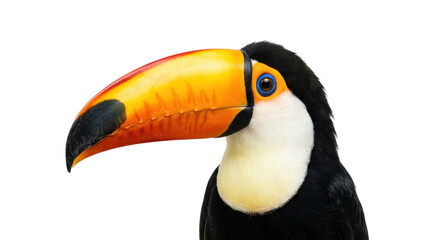 Naklejka premium Close-up of a vibrant toucan's head with large orange beak on white background