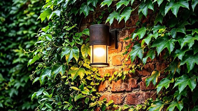 Ivy covered brick wall with outdoor light for creative digital media and visual arts