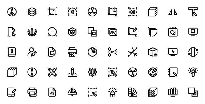 Graphic Design icon set. Vector design tools collection. Includes symbols for layers, crop, vector, sketch, palette, color, creativity and more. Editable stroke.