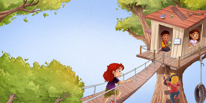 Children playing in a treehouse in the forest, children's illustration