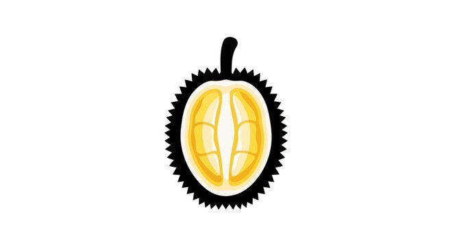 A vibrant vector illustration showcases a halved durian fruit, its creamy yellow flesh contrasting with the spiky, dark rind, presented as a simple yet striking icon against a clean white