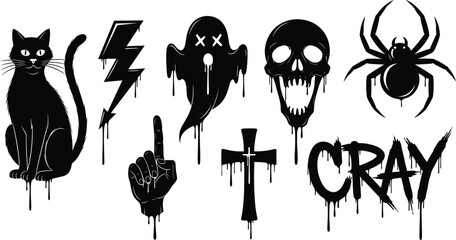 Halloween urban streetwear set with dripping black silhouettes of black cat lightning bolt ghost screaming skull spider cross and crazy typography © MDRahamat