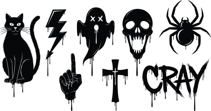 Halloween urban streetwear set with dripping black silhouettes of black cat lightning bolt ghost screaming skull spider cross and crazy typography