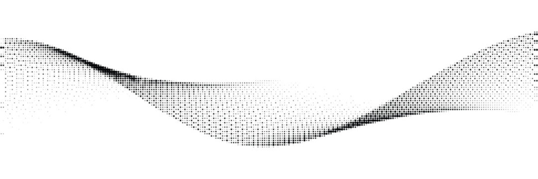 Curved halftone gradient wave with varying dot density, creating a fluid dynamic black and white abstract design.