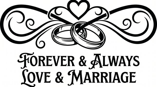 Forever and always love and marriage wedding rings illustration with elegant heart flourishes and decorative typography