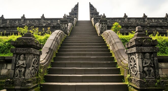 Indonesian Tradition, Ancient Temple Steps, Cultural Heritage, Java, Photography, Serene Environment, Elegant Perspective