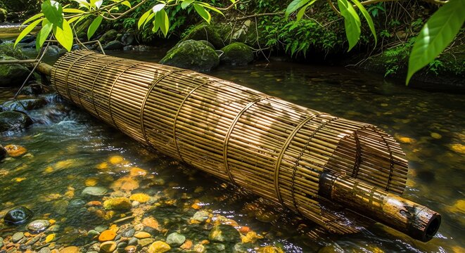 Traditional bamboo fish trap placed in a shallow forest stream, sunny day lighting, natural wooden style, serene atmosphere and river landscape scene