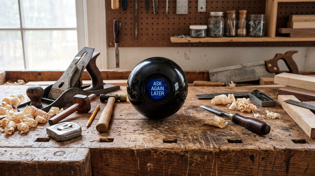 Magic 8 Ball on Wood Workshop Table with Carpentry Hand Tools