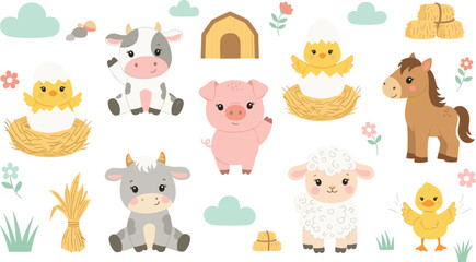 Hand-drawn Farm Animals with Baby Animals, Piglets, Lambs, Chickens, Horses, and Barn for Spring and Rural Illustrations © MDRahamat