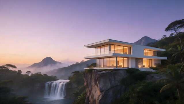 Modern house on cliff with waterfall