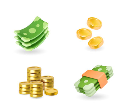 3D money icons set, vector dollar cashbundle, golden coins stack, green bills stack, financial cartoon banknotes. Online payment cashback concept, payment, economy, exchange, financial symbol.
