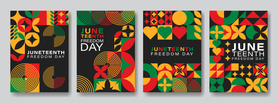 set of modern Juneteenth Freedom Day black history month africa america poster cover designs featuring bold geometric patterns