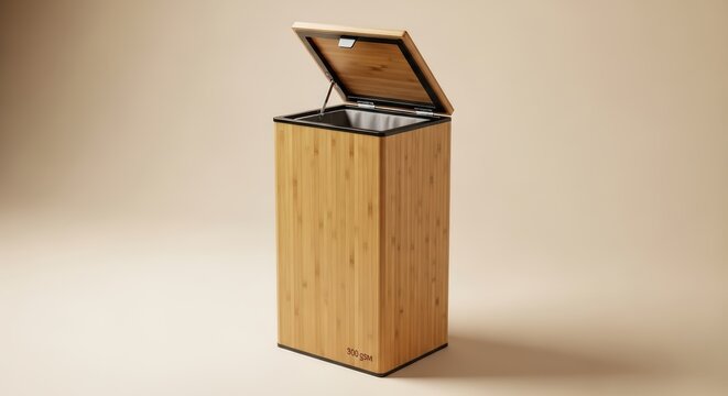 Tall Bamboo Laundry Hamper with Open Lid on a Warm Tan Background