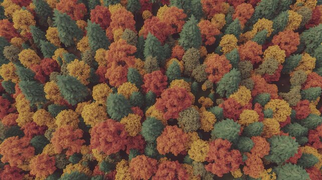 Aerial view of a dense forest with vibrant autumn foliage showing green, orange, and yellow trees.