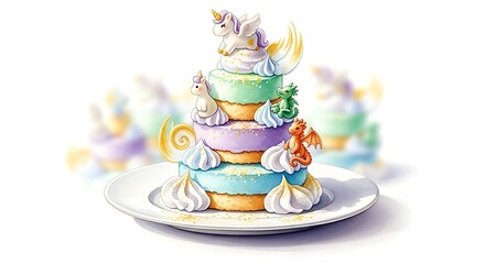 Fototapeta premium Colorful Unicorn Cake on Plate Dessert.