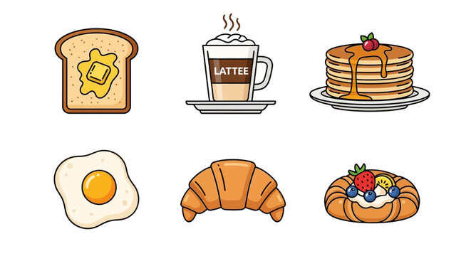 Collection of delicious morning meal items including toast with butter latte coffee stack of pancakes fried egg croissant and sweet pastry