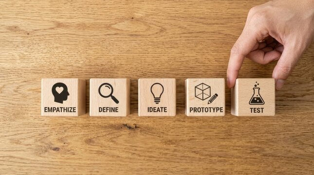 Hand places a block completing the design thinking process of empathize define ideate prototype test