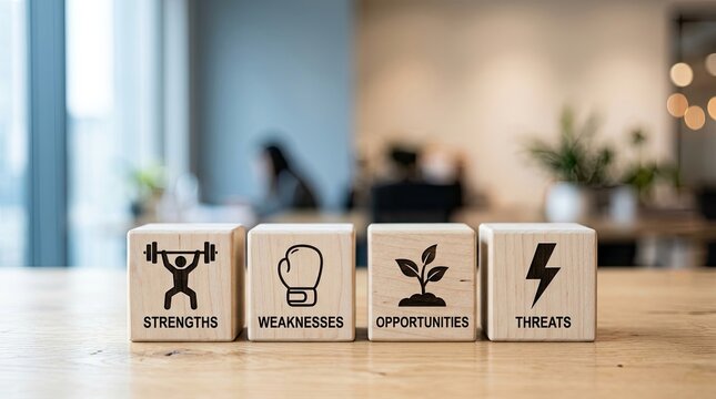 Strategic SWOT analysis concepts are displayed on wooden blocks in a modern office