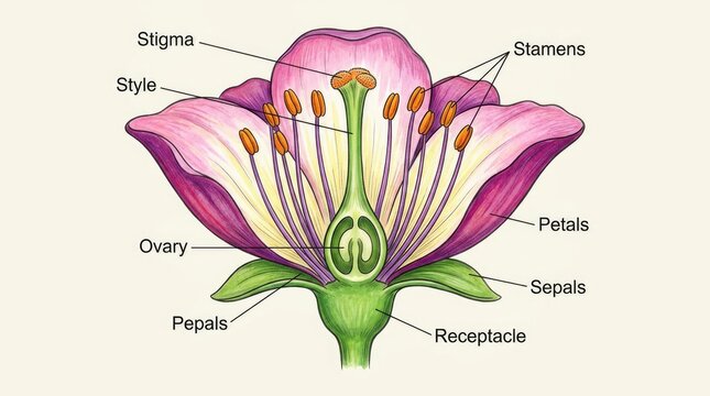 Detailed diagram showing the anatomical structure of a flower with all parts labeled