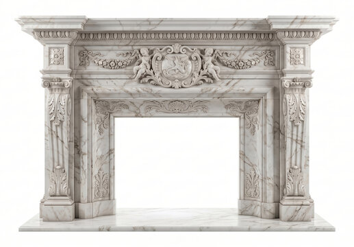 Cornice per camino monumentale in marmo bianco venato con intagli barocchi. Generative AI 