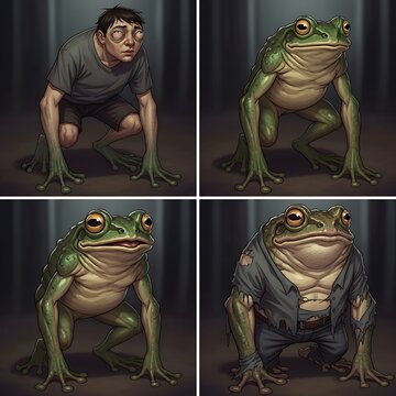 Man transforming into frog cartoon characters.