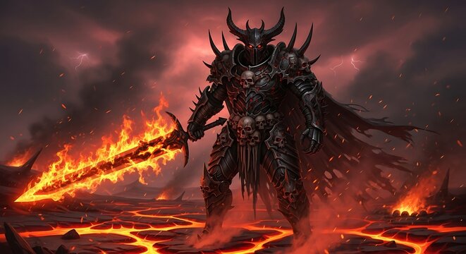 Dark fantasy creature in fiery landscape.