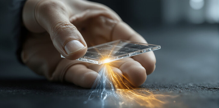 Technician demonstrating energy transfer on glowing electronic device amid industrial surroundings