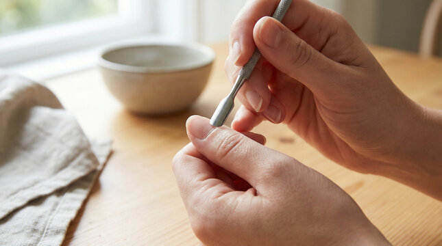 Using Cuticle Pusher Tool to Gently Push Back Fingernail Cuticle for Manicure