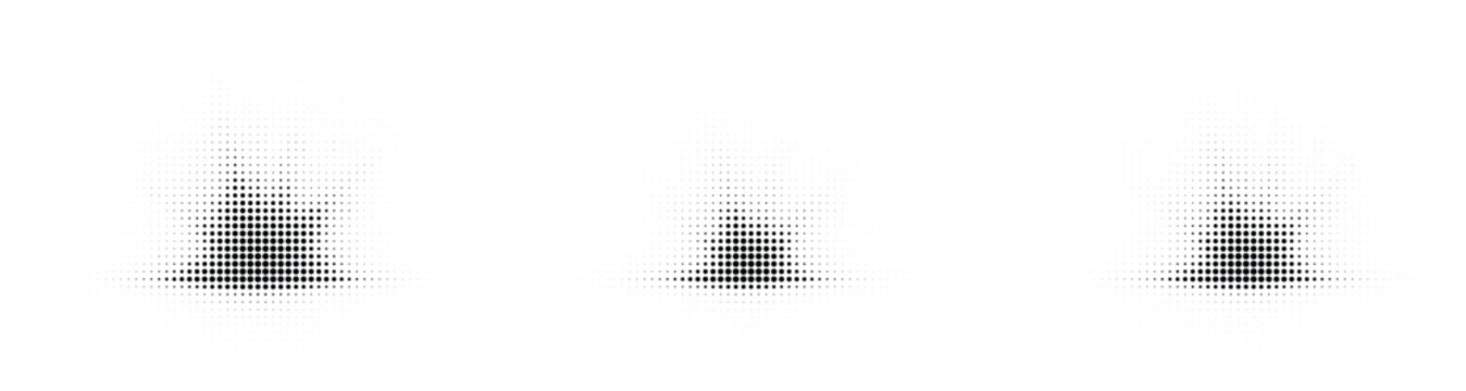 Black and white halftone dot patterns forming abstract conical shapes with a gradient fill.