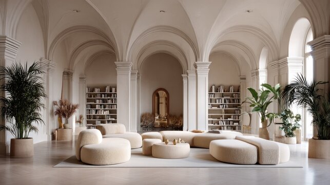 Spacious interior room featuring high vaulted ceilings and contemporary modular seating arrangements