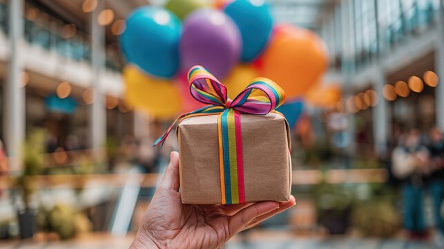 Hand holding small gift box with rainbow ribbon in shopping mall, colorful balloons and bokeh lights in background, festive celebration concept.