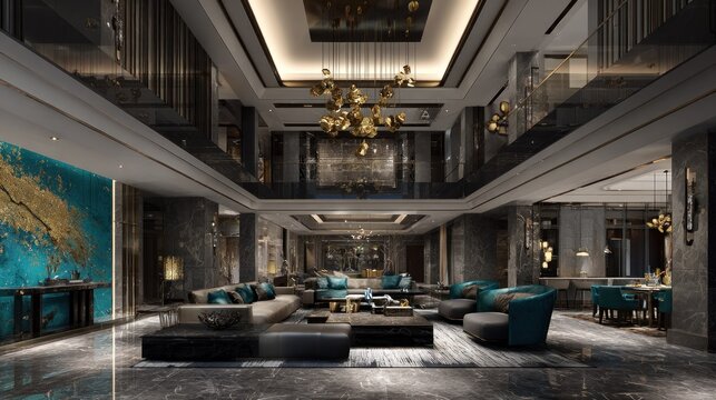 Lavish interior design showcases a grand, multi-level contemporary living space with luxurious finishes