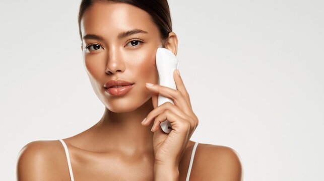 Beauty portrait of young woman using facial device on smooth glowing skin against white background, ideal for skincare advertising and cosmetic product promotions.